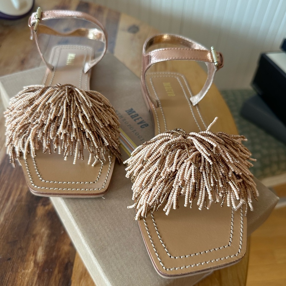 Maeve Rose Gold and Cream Fringe Sandals